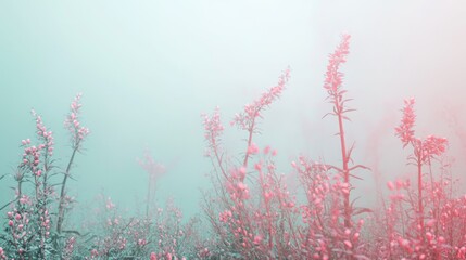 Surreal Fog Enshrouded Scene with Delicate Pink Flowers