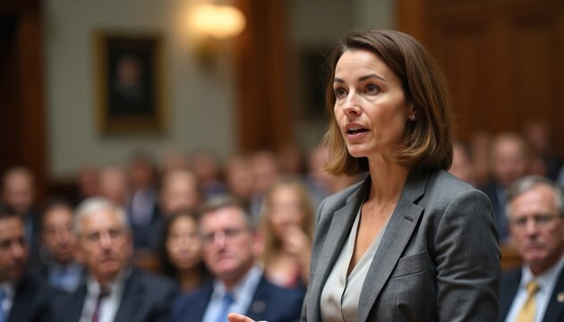 Organization female representative speaks at press conference in government building. Woman in suit gives public speech in front of audience. Meeting, presentation, summit, debate, hearing, media,