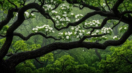 Fototapeta premium White Blossoms Adorn Ancient Twisted Branches of a Tree