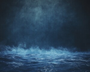 Moody ocean, dark blue water, misty fog, night scene, background