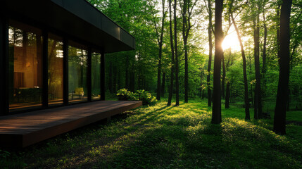 Modern minimalist house surrounded by lush green forest