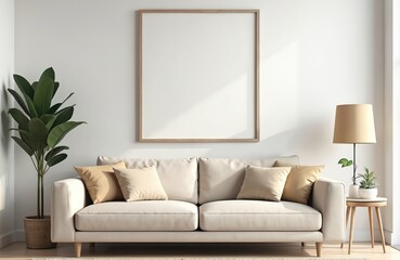 Blank square poster mockup frame in minimal living room interior. Modern bright apartment interior. White wall, beige sofa, decorative pillows, houseplant, stylish lamp. Design template for photo,