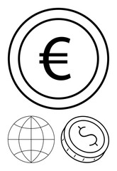 Euro coin symbol centered with world globe and angled dollar coin. Ideal for finance, banking, global trade, currency exchange, monetary policy, international investment, economics. Line metaphor