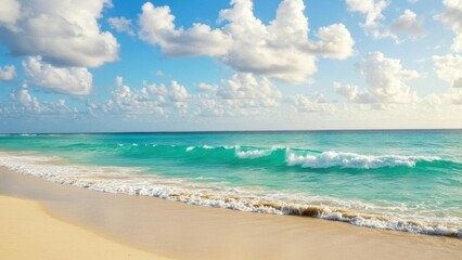 A tranquil beach scene with gentle waves and a bright sky.
