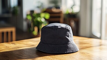 A stylish bucket hat in charcoal gray, placed on a wooden table with natural light highlighting the fabric texture