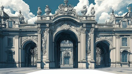 Naklejka premium Grand palace gateway, ornate detail, majestic architecture