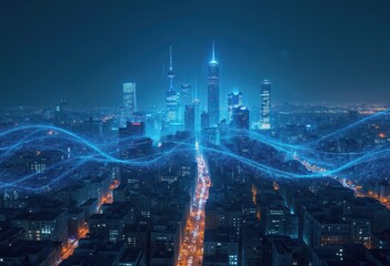 Fototapeta premium Illustration of smart city with big data via digital antennas atop cityscape, merging tech and urban landscape. Night skyline background shows city connection, traffic, science, energy and motion.