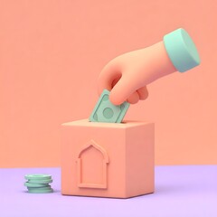 3D Illustration Hand Donating Money into Charity Box