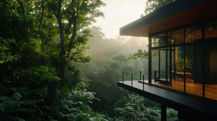 Modern treehouse style home surrounded by lush greenery
