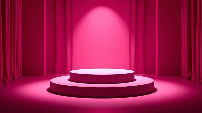 A pristine pink pedestal stands illuminated against a magenta backdrop.