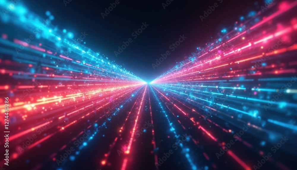 Poster abstract neon digital lines in dark space with glowing multicolored energy motion on black backgroun