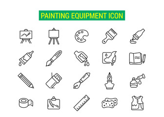 Illustration collection of painting equipment icons including brushes, palettes, easels, and tools for artistic endeavors. Ideal for graphics design, art tutorials, and creative educational materials.
