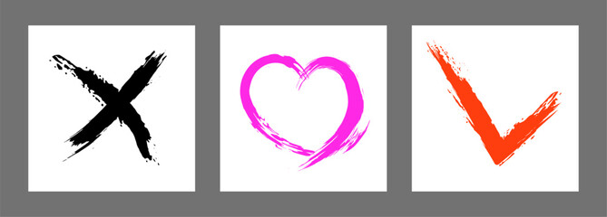 The cross, heart and OK symbol are hand-drawn with a brush. Prohibition, denial, error. Love. Approval, consent. Vector, set of 3 characters