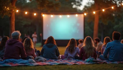 People sit on blanket in park, watch movie on outdoor screen. Summer cinema event at night with friends family. Public entertainment show, open air festival, leisure activity. Blank screen for text