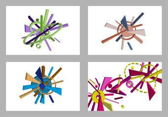 Fototapeta premium Volumetric multi-colored geometric shapes. Abstract geometry. Set of 4 designs. Background or cover design, vector.