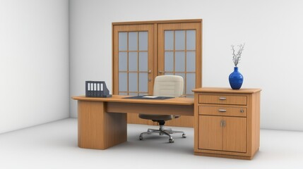 Modern office, desk, chair, doors, vase, minimalist background, for business websites