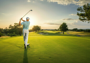 Golfer swinging a club on a beautiful green course at sunset