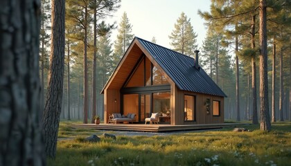 Modern small wooden barnhouse with metal roof in forest. Scandinavian style architecture of facades, exterior design. Minimalist building, country living among spruces, pines. Luxury villa estate,