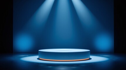 A sleek, modern pedestal illuminated by soft blue lighting.