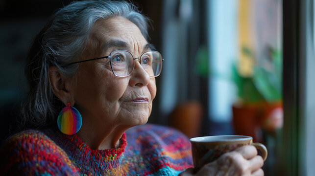elderly transgender woman wearing rainbow earrings, gazing thoughtfully out of her window while holding a warm cup of tea, surrounded by colorful home elements, symbolizing peace, identity, - Powered by Adobe