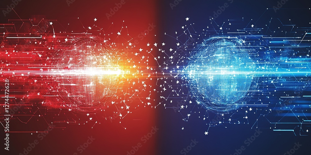 Poster dynamic clash of colors and particles representing energy interaction in a digital universe
