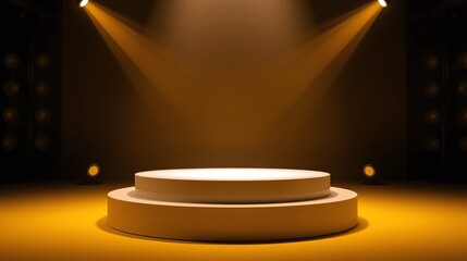 The image displays an empty pedestal, illuminated by focused lights, set against a dark background.