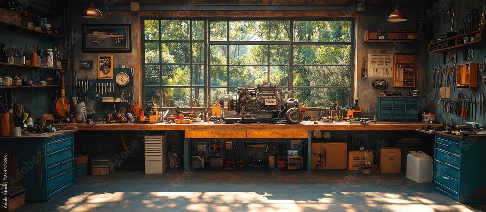 Poster well-lit workshop with tools and model vehicle on workbench.