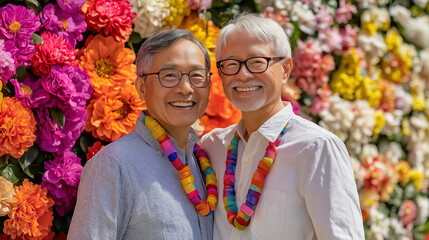 elderly interracial gay couple, one Asian and one White, in crisp casual outfits with matching rainbow bracelets, standing joyfully before a wall of oversized, colorful flowers, symbolizing love, unit