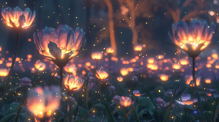 Dreamlike luminous meadow filled with oversized glowing flowers