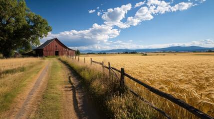 Old rustic farmhouse with red barn beside golden wheat fields