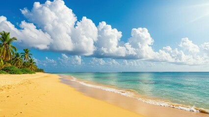 Obraz premium A serene tropical beach with golden sand and clear blue waters.