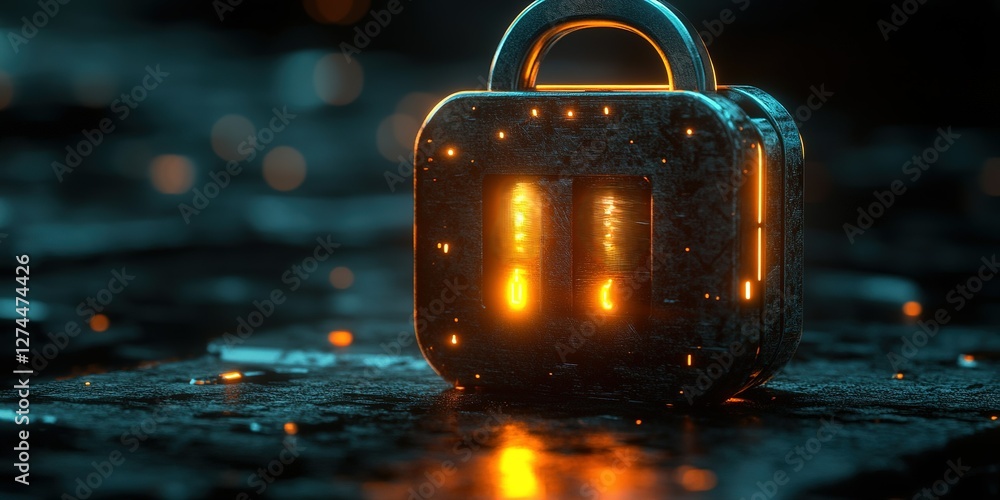 Aufkleber futuristic lock with glowing elements on a reflective surface in a dimly lit space