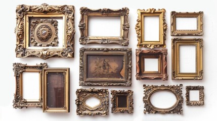 Elegant collection of ornate gold frames, each with unique details, displayed on a clean white background