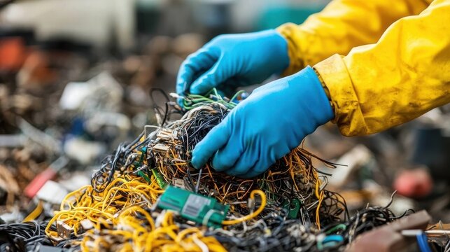 Worker sorting tangled electronic waste including cables and circuit boards, for recycling and disposal.