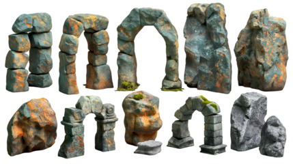 Stone Ruins 3D Model with Moss, Grey and Brown Rock Textures for Game Design, isolated on transparent background.
