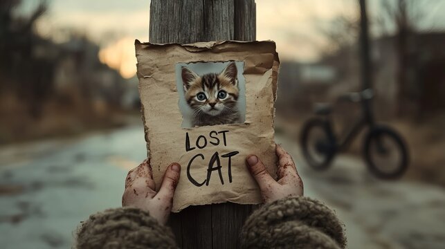 A lost cat poster held by a child with dirty hands, featuring a kitten's face. The background shows a deserted street, enhancing the feeling of longing.