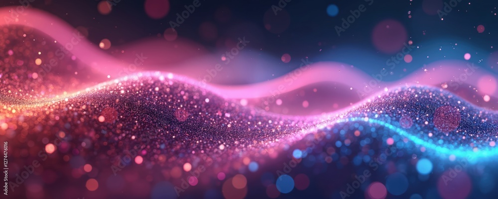 Aufkleber abstract futuristic background with gold pink blue glowing neon moving wave lines bokeh lights. data