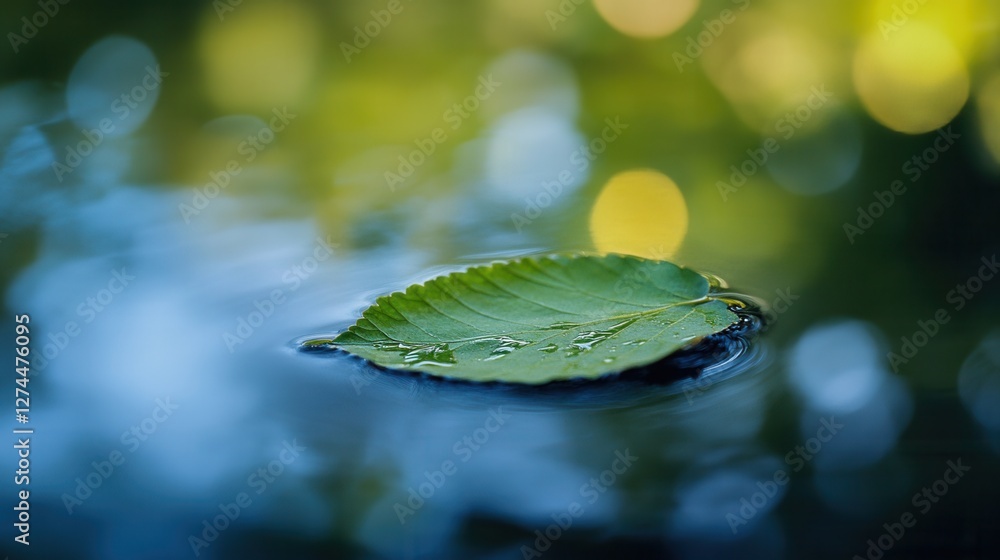 Poster serenity of a leaf floating on calm water with glimmers of light reflection