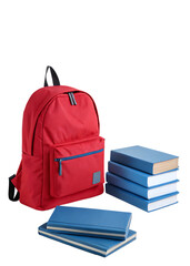 red backpack, blue books, school items composition isolated on white background as transparent. PNG. AI GENERATED