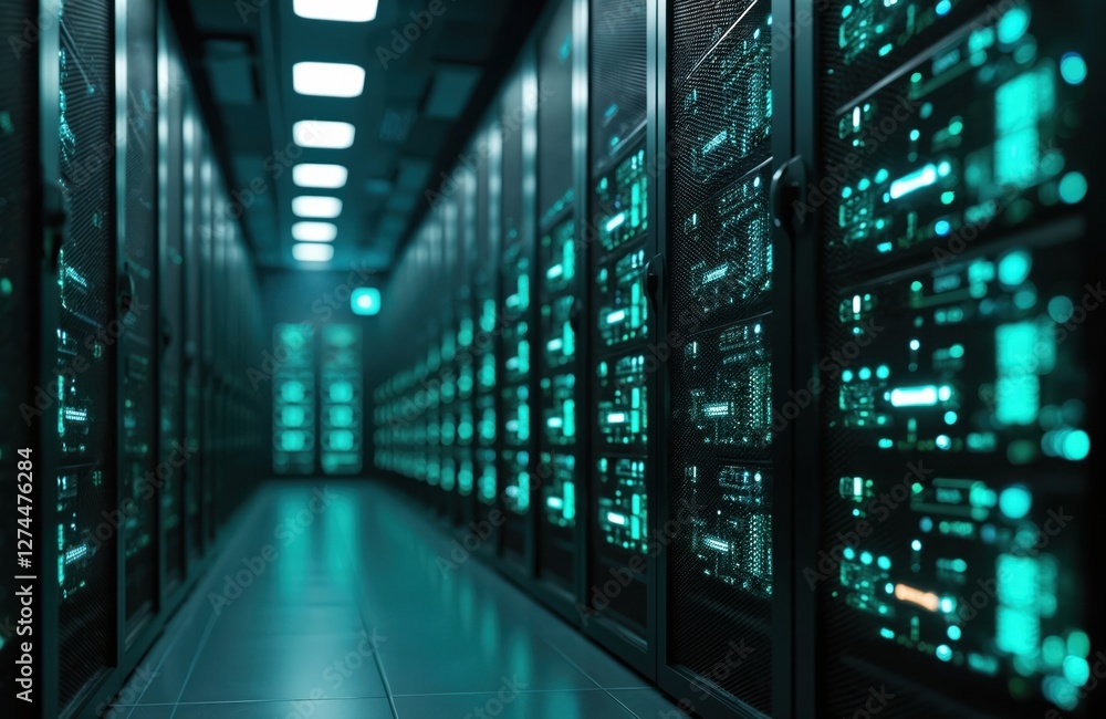 Fototapete bright lights of data storage systems contrast dark server room background. modern cyberspace illust