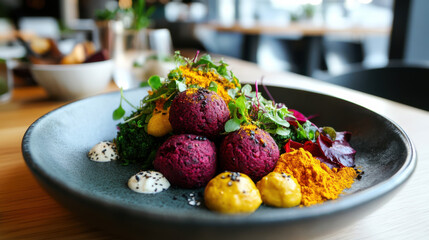 Delicious rainbow falafel with beetroot, turmeric, and greens