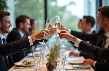 Group of business people raise champagne glasses at corporate event. Executives celebrate business success during dinner, enjoying friendship. Team building, networking concept. Formal wear at modern