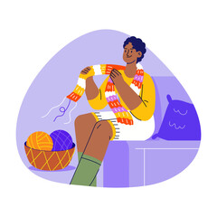 A flat illustration of knitting woman