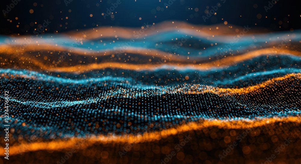 Poster a mesmerizing abstract digital artwork featuring a dynamic flowing landscape of interconnected blue 