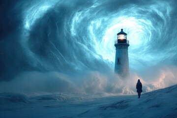 A lone figure walks toward a lighthouse amidst a swirling, ethereal storm, symbolizing hope and resilience. © piyumal