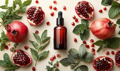facial serum featuring vibrant pomegranates and eucalyptus leaves on a light beige background