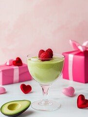 Berry smoothie with avocado in a transparent glass on a white table background and pink and red gifts, Valentine's Day