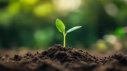 Fototapeta premium Young Plant Sprouting from Rich Soil in Natural Environment with Vibrant Green Background