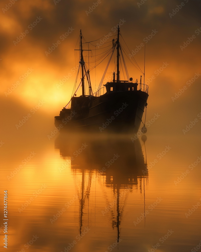 Poster a barge in the fog a barely visible outline of a h_003