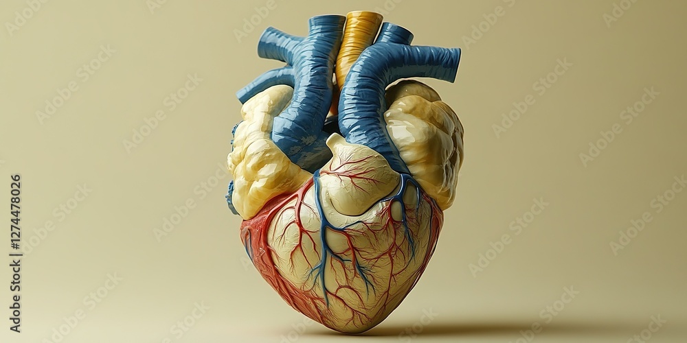 Poster heart anatomy model showcasing detailed structures and colors on a light background